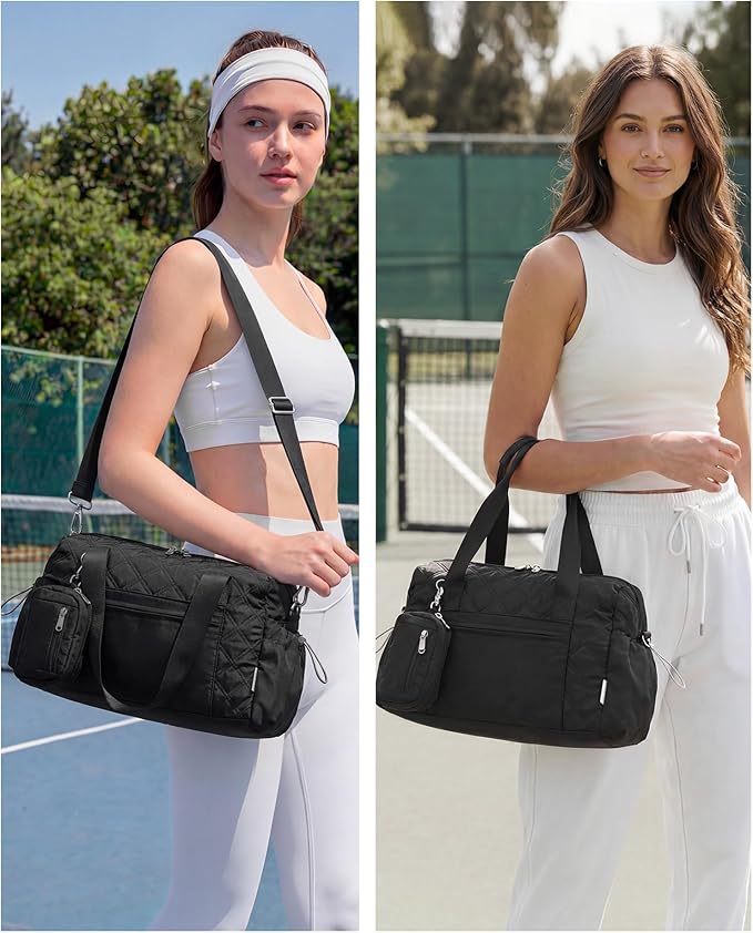 Puffer Gym Bag for Women, Quilted Weekender Bag for Travel, Lightweight Carry on Duffle for Sports Workout Dance Ballet Yoga Gymnastics Hospital with Wet Pocket, Black