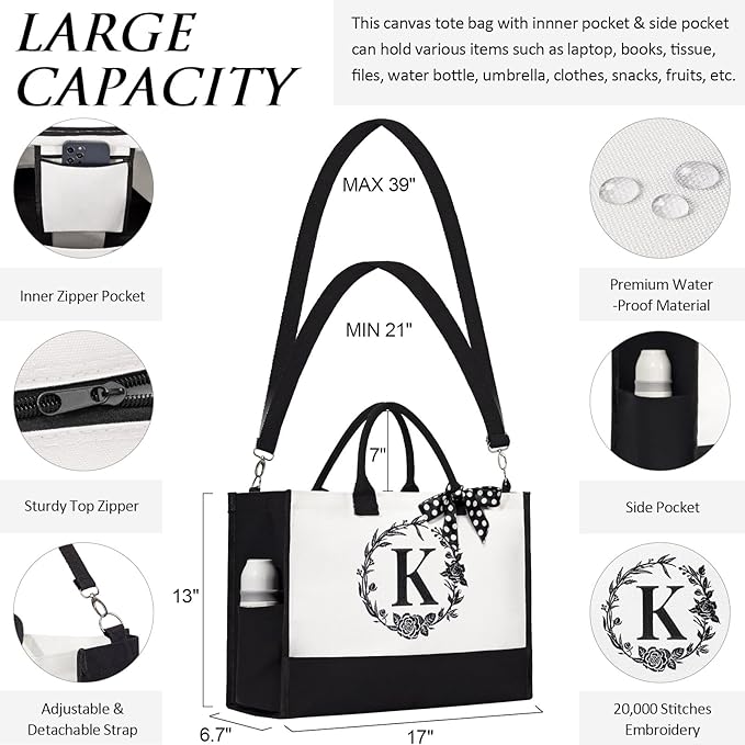 Personalized Gifts for Women, Initial Canvas Tote Bag & Makeup Bag Monogrammed Beach Tote Bags for Women w/Zipper, Easter Gift Bags Mothers Day Birthday Gifts for Mom Her Sister Best Friend Teacher
