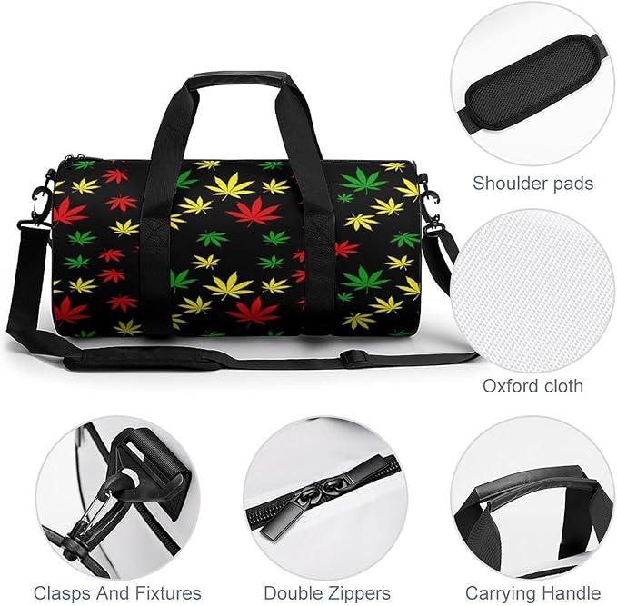 Foldable Gym Bag Rasta Flag Red Yellow Green Jamaican Weedleaf Leaves Black Lightweight Travel Sports Bag Carry On Weekender Overnight Bags Beach Yoga Bags