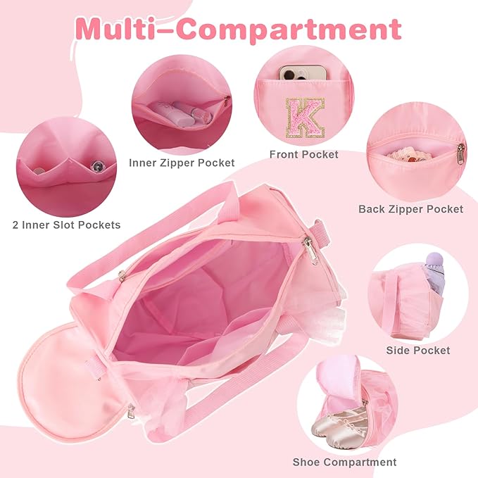 Personalized Initial Dance Bag for Girls 4-6, Small Lace Gym Sport Yoga Cheer Dance Bags Gift for Teen Girls, Cute Letter Kids Ballet Bag Toddler Travel Duffel Tote with Adjustable Straps(Pink-K)