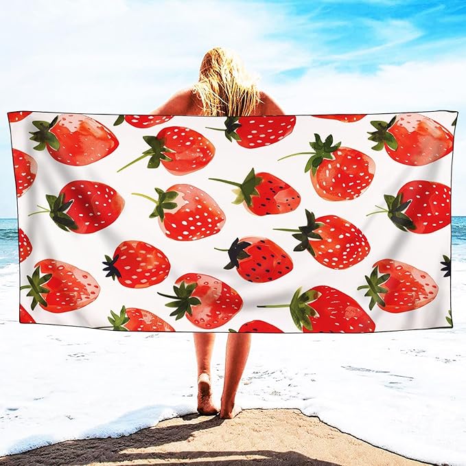 Strawberries Pattern Beach Towel Extra Large 36" x 72", Thin Lightweight Microfiber Towels with Fruit Design, Sand Free and Quick Dry, Compact Bag