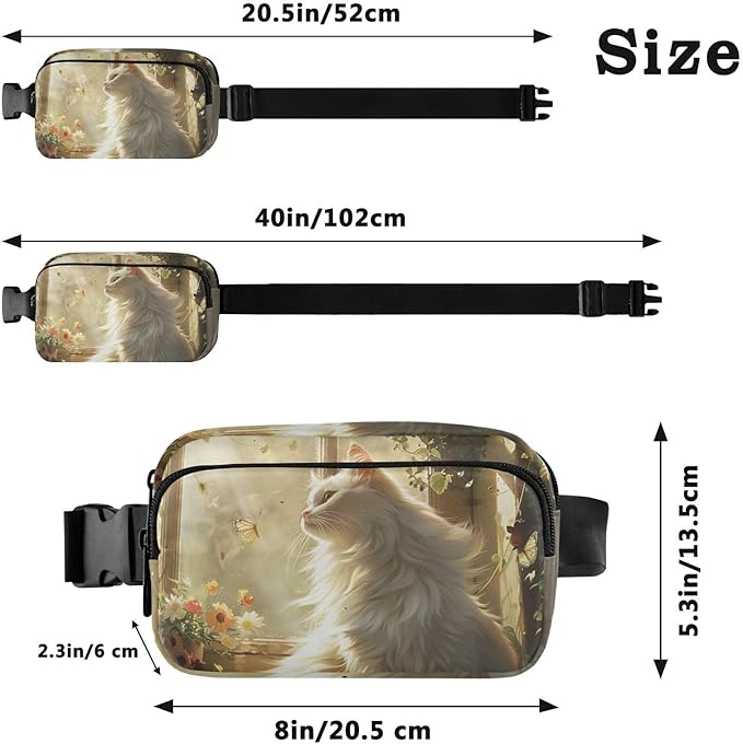 White Cat Sits by Flower Window Fanny Pack for Women Men Water Resistant Fashion Waist Packs with Adjustable Strap Belt Bag for Travel Workout Jogging Hiking 21220535