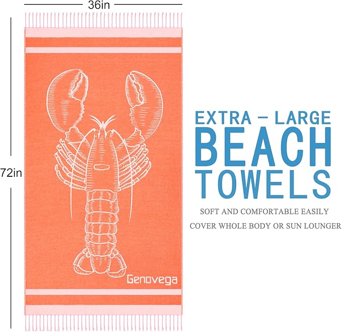 Oversized Cotton Turkish Beach Towels 72"x36" Lightweight Quick Dry Sandless Pool Swim Towel Large No Sand Adult Travel Compact Blanket Essentials Cruise Accessories Must Haves Orange lobster