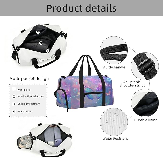 Sports Gym Bag Butterflies Bubbles Glittery Sparkly Travel Duffel Bag With Shoe Compartment Shoulder Strap, Lightweight Water-Resistant Weekend Overnight Totes For Women Men
