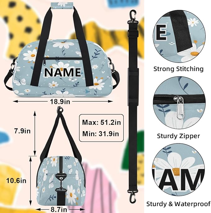 Floral Mini Gym Bag 18 inch for Women Men Waterproof Custom Flowers Travel Duffel Bag Carry On Overnight Tote Nurse Bag for Work Fitness Hiking