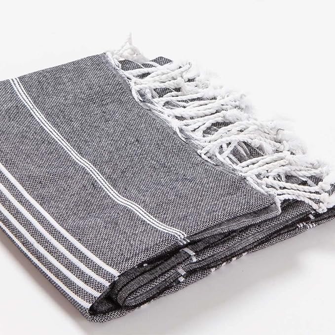 Hencely Turkish Beach Towel 37x68 Oversized, Sand-Free, Quick-Dry, Lightweight - Travel Essential for Pool & Bath - Striped 100% Cotton Bathroom Towels Accessories Gift (Black)