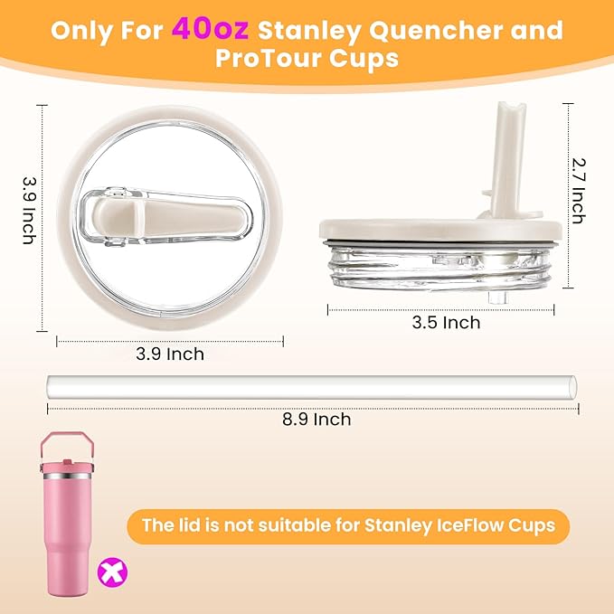40oz Flip Straw Leak Proof Lid for Stanley H2.0 Quencher Protour Tumbler, 2 Pack Spill Proof Lid Replacement Straw Cover Top for 40 OZ Stanley Cup Accessories (Ash, White)