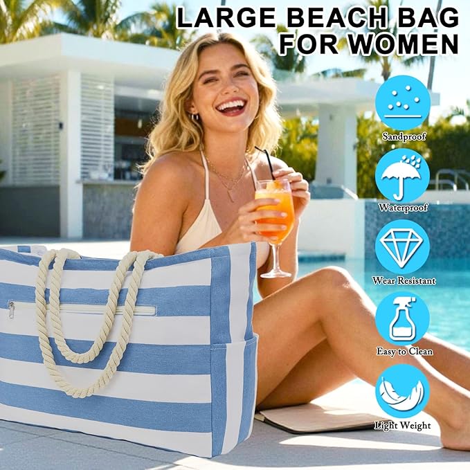 Large Canvas Beach Bag for Women, Beach Bags Waterproof Sandproof with Zipper & Wet Bag Cruise Essentials