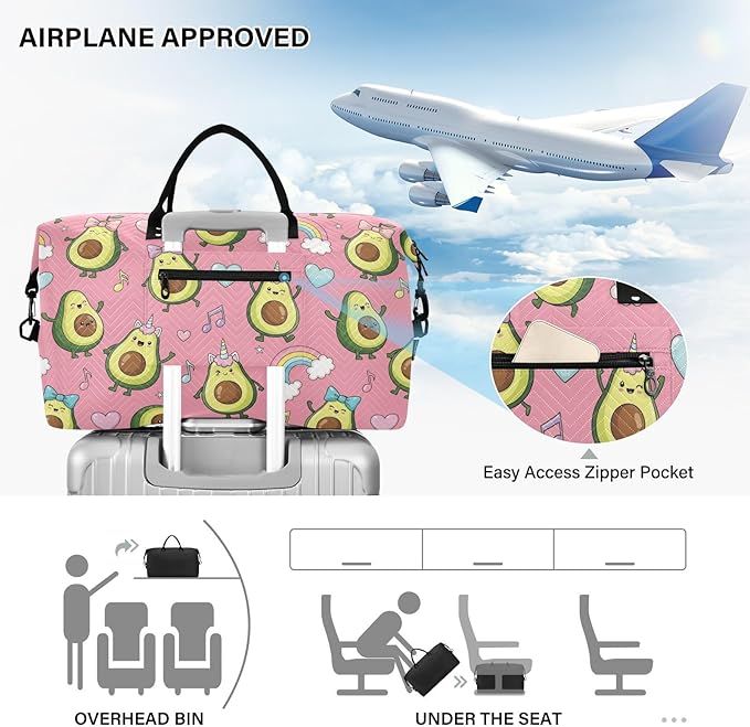 Cute Avocado Rainbow Pink Sports Gym Bag for Women Men Travel Duffel Bag Weekend Overnight Carry on Bag with Toiletry Bag Hospital Bag for Yoga Workout Swimming Hospital Plane