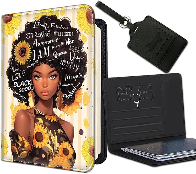 Passport Holder Women Wallet with Luggage Tag, Leather Passport Cover with RFID Blocking, Travel Accessories Multi Card Slot Passport Case for Men，African American Women Black Women