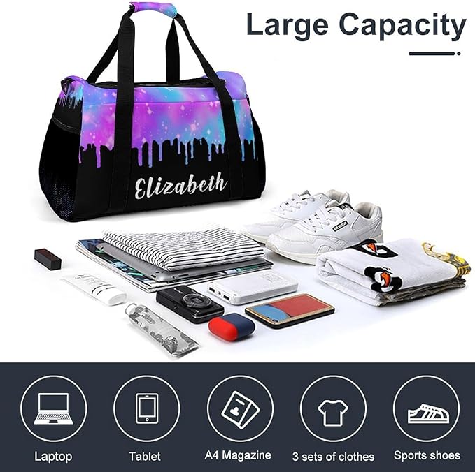 Personalized Starry Blue Pink Sparkling Print Duffle Bag with Name for Women Man Custom Travel Perform Training Bag for Men Women Luggage Bag