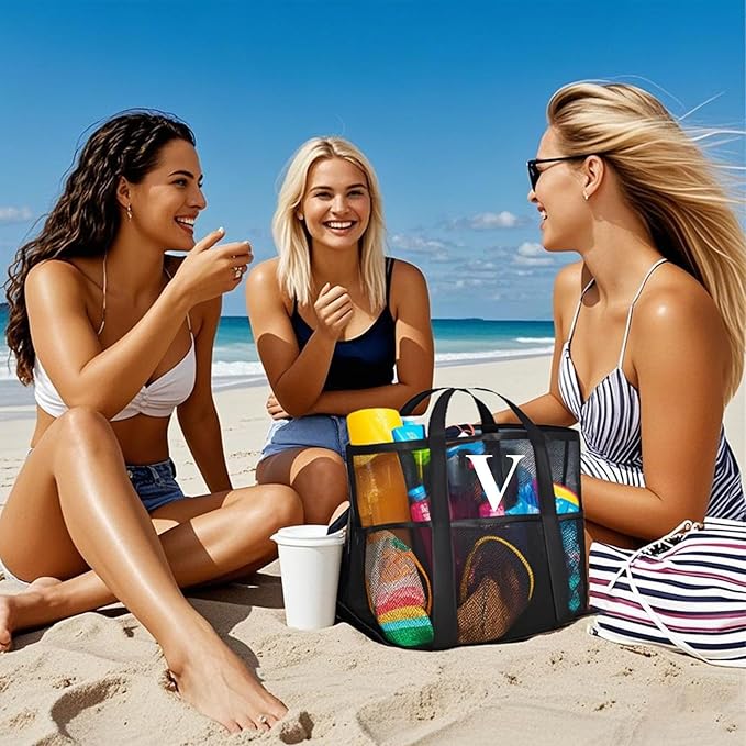 Personalized Mesh Beach Bag for Women - Waterproof Initial Tote Bag for Family Travel, Toys, Vacation Essentials