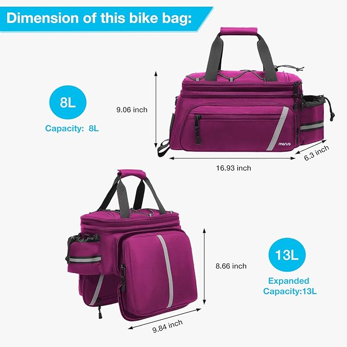 MOSISO Bike Rack Bag with Rain Cover, Bike Trunk Cooler Handag Insulated Bicycle Rear Seat Pouch with 2 Side Foldable Panniers, 8L Cycling Backseat Storage Cargo Saddle Shoulder Bag, Rose Red