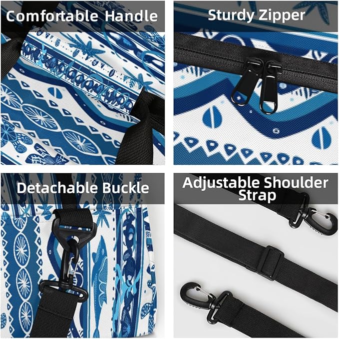 Duffle Bag for Women Men, Nautical Turtle Whale Stripe Gym Bag for Travel Sports, Lightweight Waterproof Weekender Overnight Bags with Adjustable Strap
