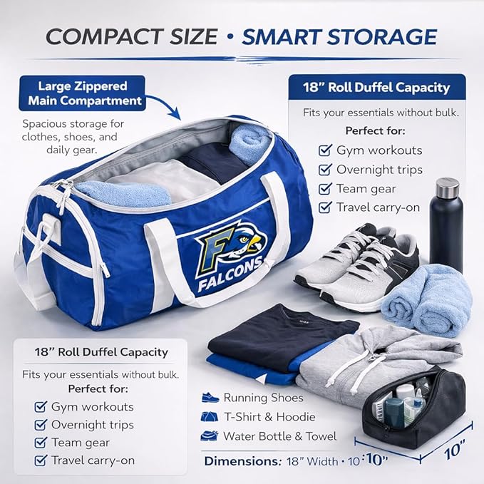 Custom Roll Duffel Bag with Your Logo or Text – Personalized Gym Bag, Sports Team Bag, Travel Bag – Adjustable Shoulder Strap, 600D Polyester, 18 Inch, 4 Colors, Model 3018