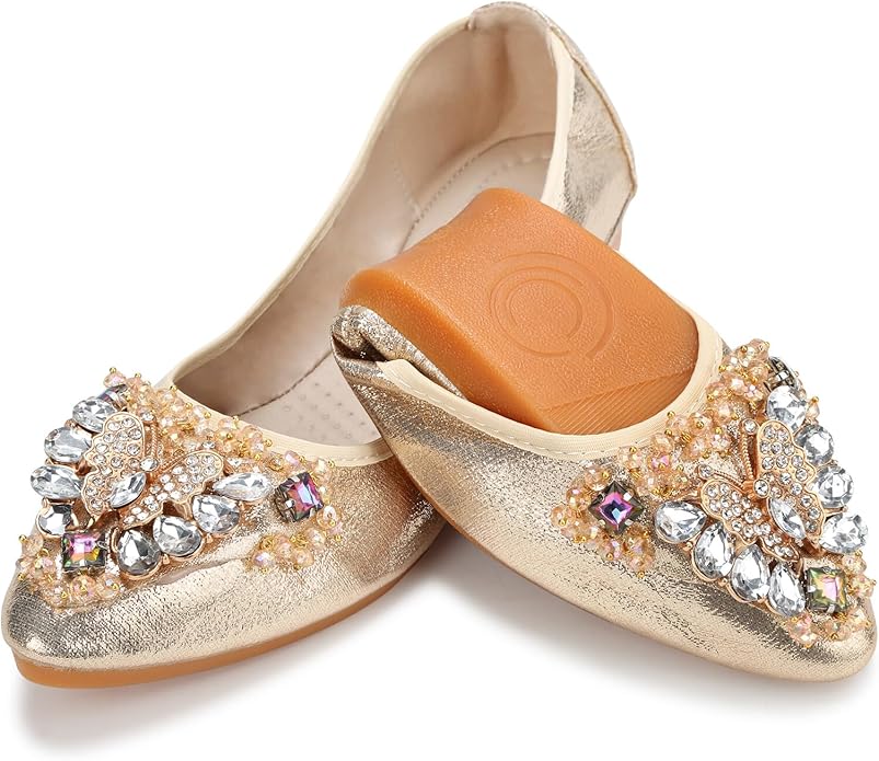 KUNWFNIX Women Ballet Flats Rhinestone Wedding Ballerina Shoes Foldable Sparkly Comfort Slip on Flat Shoes