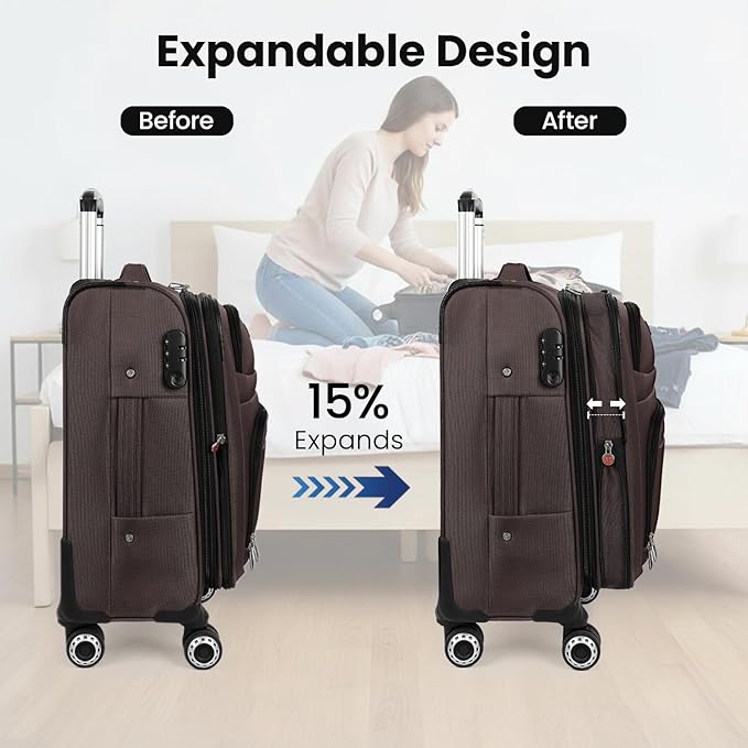 20'' Carry on Luggage,Softside Suitcase w/Combination LOCK,Expandable 15% Luggage w/Double Spinner Wheels,Lightweight Rolling Suitcases for Men/Women（Coffee,20in）