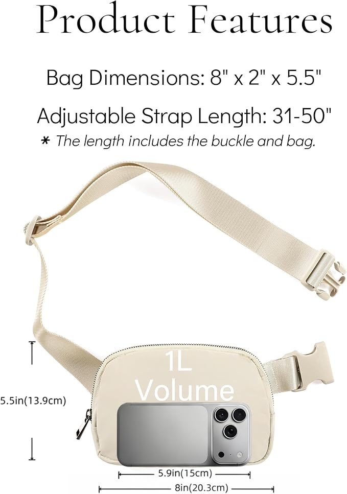 Cross Body Fanny Packs for Women Men Fashion Waist Bag Pouch Nylon Small Travel Crossbody Bags Mini Purse Everywhere Belt Bag Bum Bag with Adjustable Strap for Workout Running Hiking Ivory