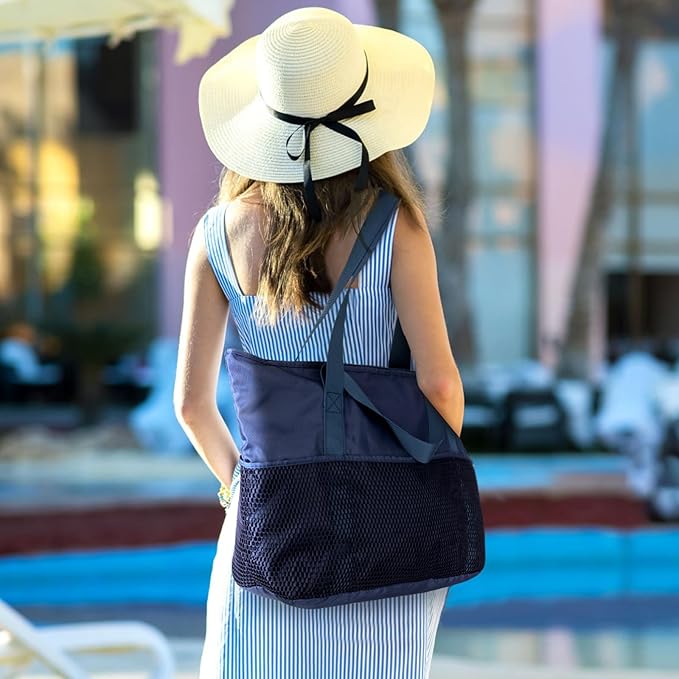 KABAQOO Large Beach Bag Waterproof Sandproof Tote Bag for Women with Zipper & Mesh Pockets for Pool Swim Travel Everyday