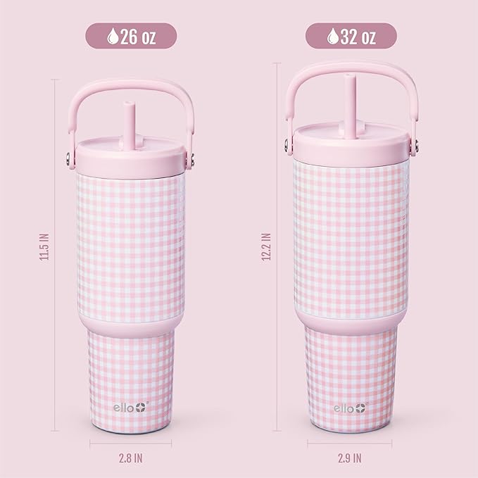 Ello Oasis Go+ 32oz Tumbler with Top Handle and Retracting Straw | Reusable Insulated Stainless Steel Cup, 100% Leakproof Water Bottle, 24 Hours Cold, Cup Holder Friendly For Travel | Pink Gingham