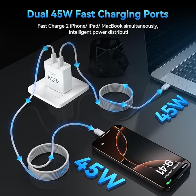 Phone 17 Charger Fast Charging, 45W Dual USB C Charger Block,USB C Wall Chargers with 6.6FT Long USBC Charging Cable Cord for Phone 17 16 15 Pro Max/17 16 15 Pro/Plus,Pad Pro/Air,S25/S24-White