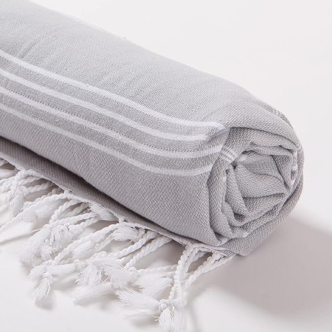 Hencely Turkish Beach Towel 37x68 Oversized, Sand-Free, Quick-Dry, Lightweight - Travel Essential for Pool & Bath - Striped 100% Cotton Bathroom Towels Accessories Gift (Silver)