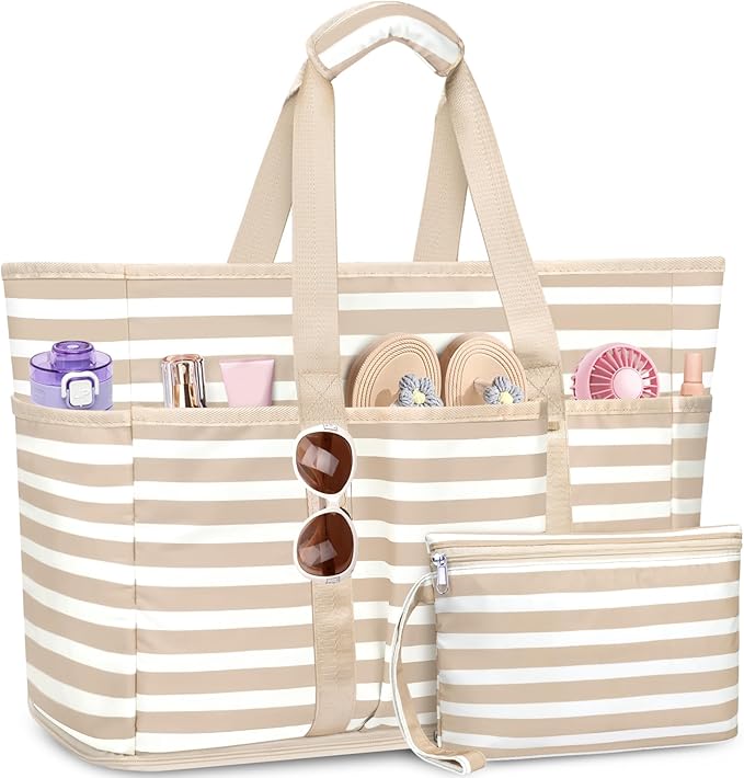 Large Beach Bag with Zipper, 12 Pockets Waterproof Sandproof Pool Bag Womens Mesh Beach Tote Bag for Travel Vacation