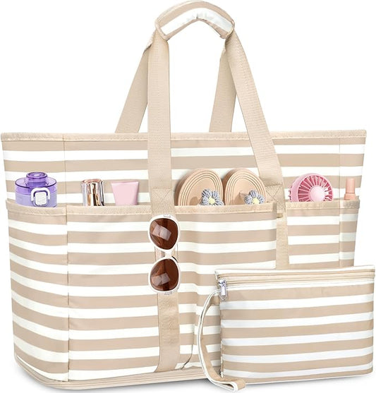 Large Beach Bag with Zipper, 12 Pockets Waterproof Sandproof Pool Bag Womens Mesh Beach Tote Bag for Travel Vacation