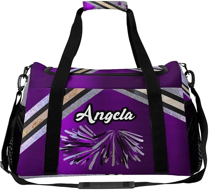 Personalized Name Travel Bag Sports Player Duffel Bags Purple Cheerleader Silver Glitter Print Perform Training Bag for Men Women Adjustable Shoulder Strap