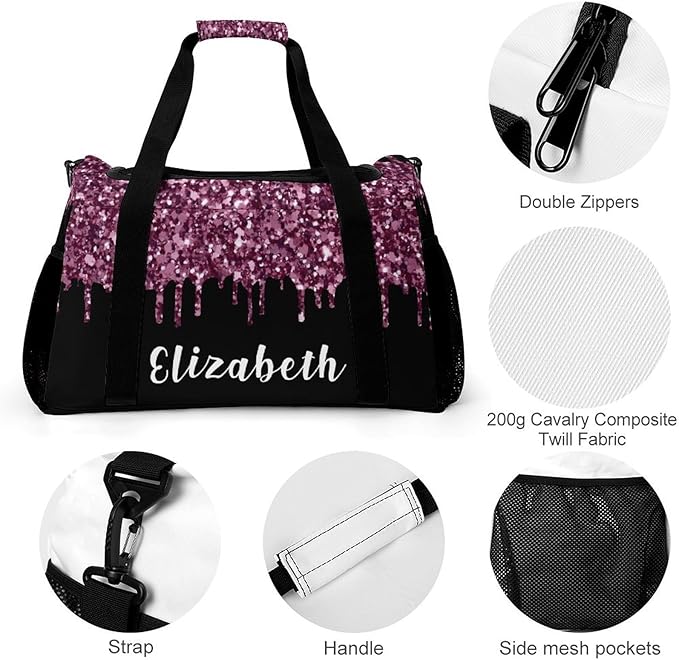 Duffle Bag, Personalized Name Bling Sequin Glitter Print Black Travel Bag, Lightweight Gym Training Sports Bags Custom Unisex Gifts for Men Women