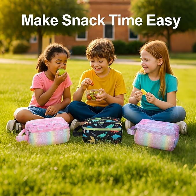 Bagseri Kids Snack Bag Boys - Small Reusable Mini Cooler Pouch, Insulated 3.9L Food Carrier with Buckle Handle for School and Daycare, Fits in Backpack, Black Dinosaur