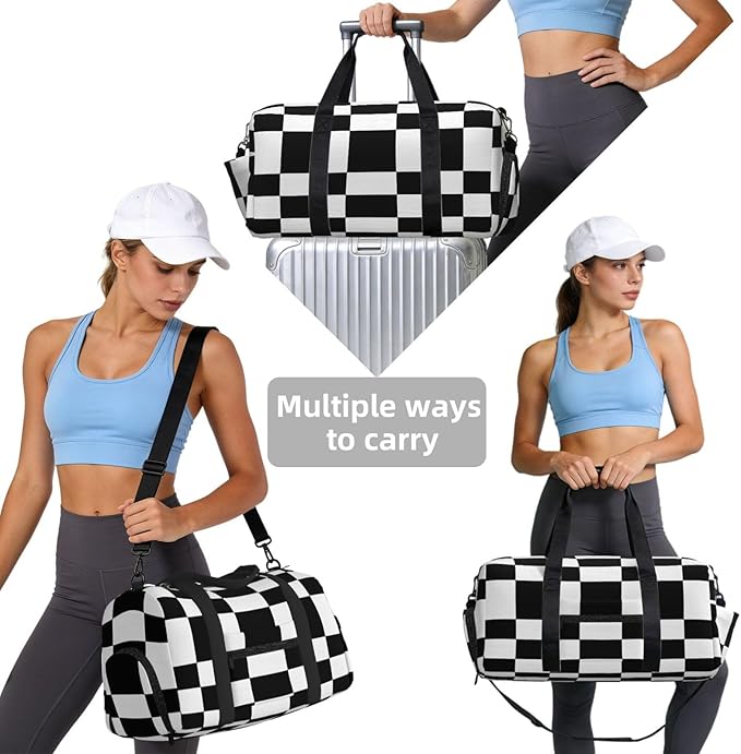 Sports Gym Bag Black White Checkerboard Grid Travel Duffel Bag With Shoe Compartment Shoulder Strap, Lightweight Water-Resistant Weekend Overnight Totes For Women Men