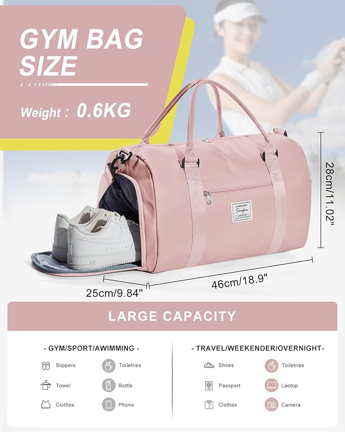 Gym Bag Womens Mens with Shoes Compartment and Wet Pocket Travel Duffel Bags for Women for Plane Sport Gym Tote Bags Swimming Yoga Small Waterproof Weekend Overnight Carry on Bag Hospital Holdalls
