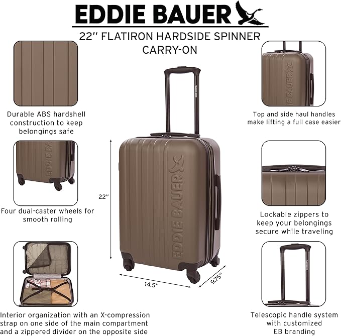 Eddie Bauer Flatiron Carry-On 22" Luggage | Hardside | Spinner Wheels | Expandable | Lightweight | Travel Essentials - Paprika