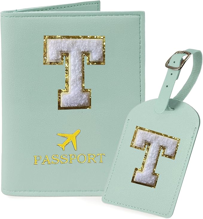 COSHAYSOO Green Passport Cover Holder and Initial Luggage Tag Set TSA Approved with Chenille Letter Patch for Women Teen Girls Couples, Preppy Travel Bag Suitcase Identifier (T)