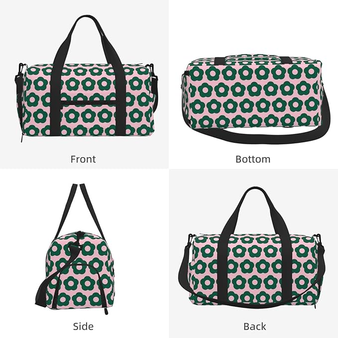 Cute Green Floral Pattern Retro Women'S Gym Duffle Bag With Shoes Compartment, Ideal For Travel, Gym, Sports, Duffel, Weekender