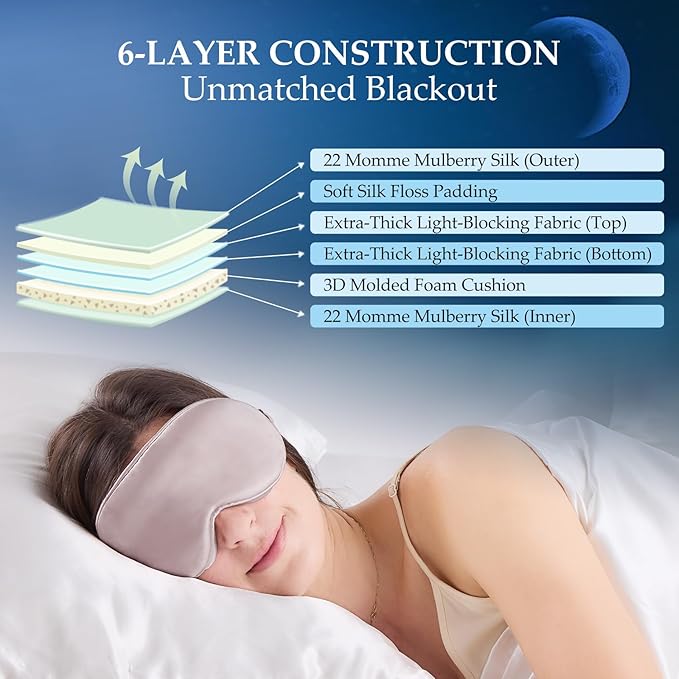 100% 22 Momme Mulberry Silk Sleep Mask with Adjustable Strap, 3D Contoured Cup Silk Eye Mask for Sleeping, Total Black Out, Dusty Purple