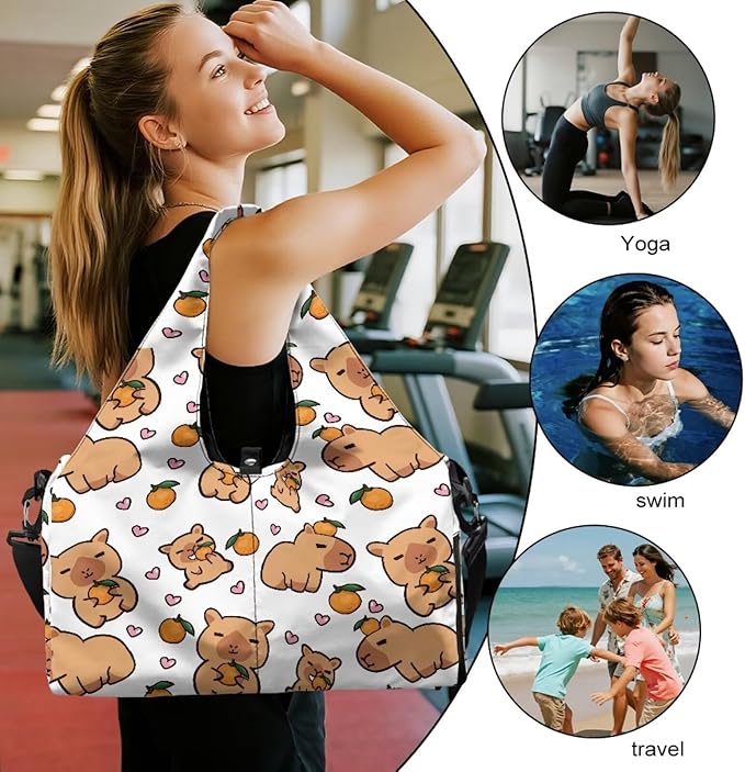 Capybara Workout Bag for Women with Yoga Mat Holder and Shoe Compartment White Gym Bag Waterproof Gym Duffel for Swimming, Stylish Fitness Duffel Bag