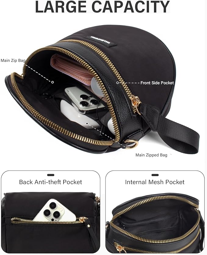 Nylon Crossbody Bags for Women Spacious Bum Bags for Women Crossbody Large Fanny Pack for Men with Removable Wallets Purse Belt Pouch (Black)