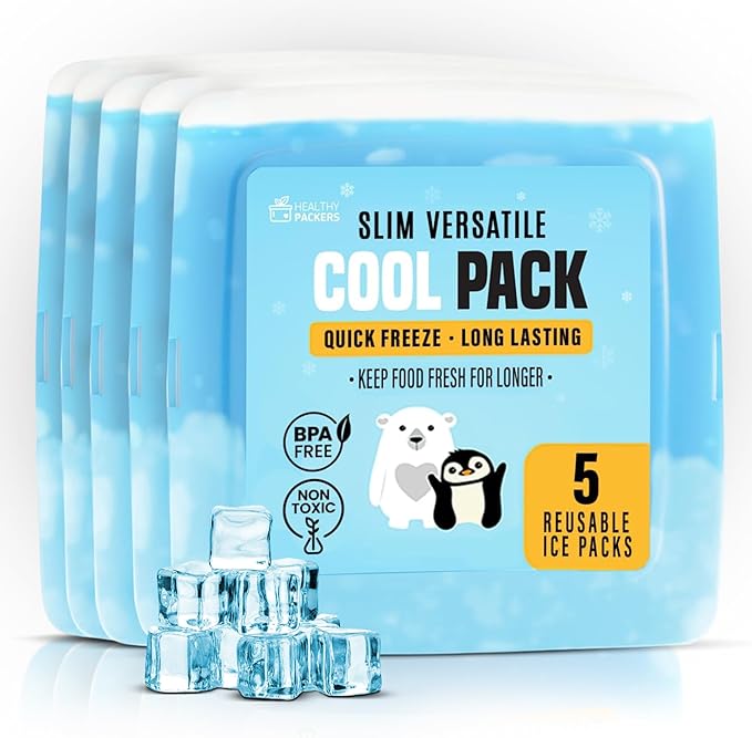 Healthy Packers® Slim Reusable Ice Packs for Lunch Boxes Kids and Adults | Long‑Lasting Thin Freezer Packs for Coolers, Bento Boxes, Lunch Bags, Travel, School Meals, and Meal Prep (5-Pack | Clear)
