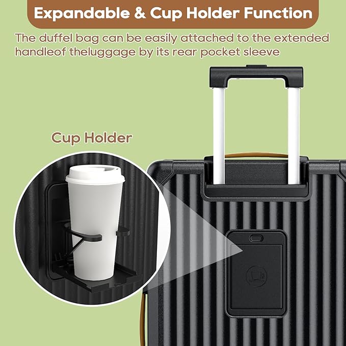 Joyway 20in Carry On Luggage with Cup Holder and USB Port, 25% Expandable Capacity, Smart Suitcase with Anti Slip Wheels and Handbag, Perfect for Men and Women 3 Piece Set Black