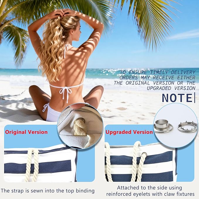 Large Canvas Beach Bag for Women, Beach Bags Waterproof Sandproof with Zipper & Wet Bag Cruise Essentials