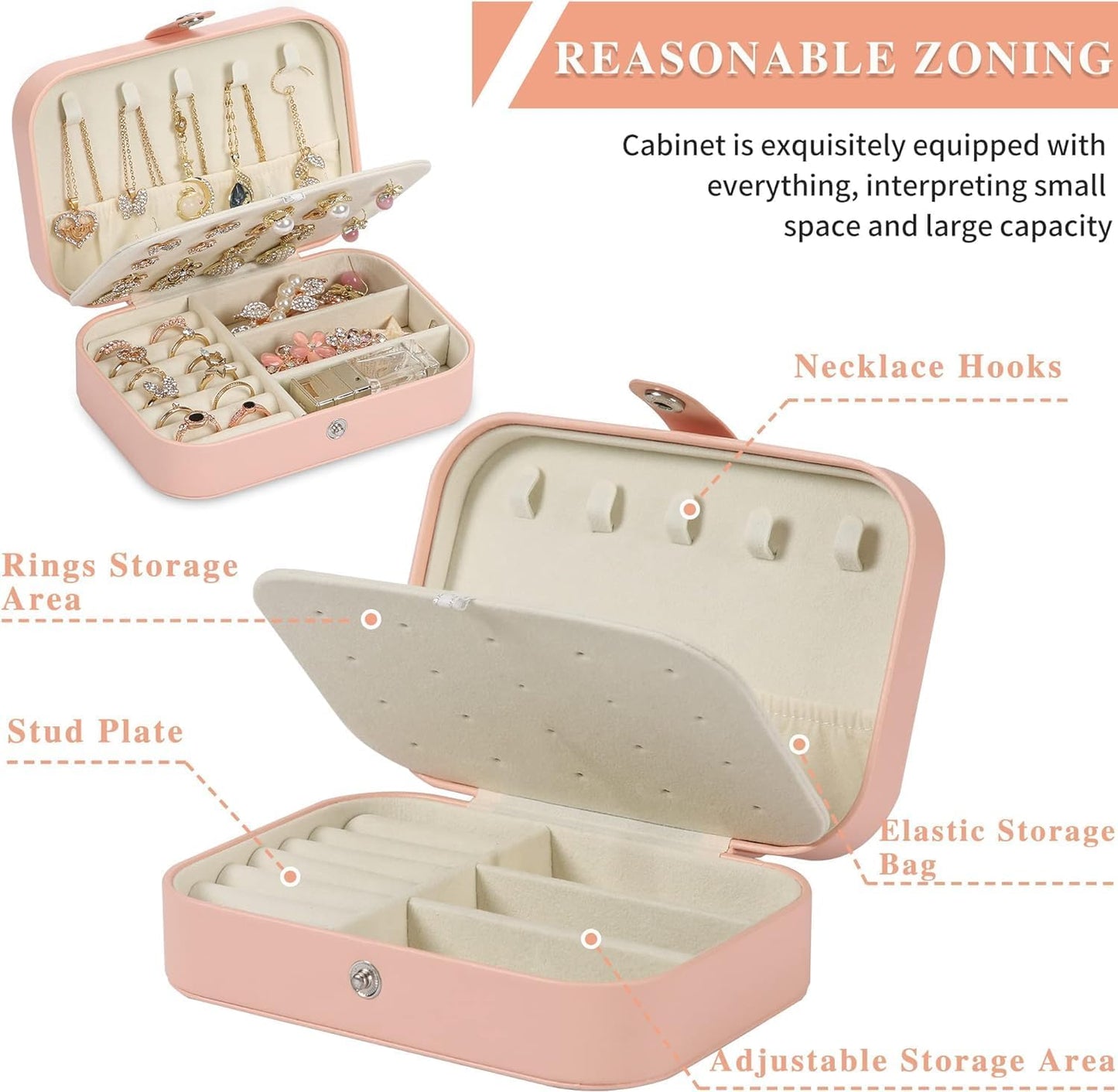 Travel Jewelry Box, PU leather Small Jewelry Organizer For Female Girls, double layer portable mini travel case for storing earrings, rings, necklaces.(pink 2pcs)