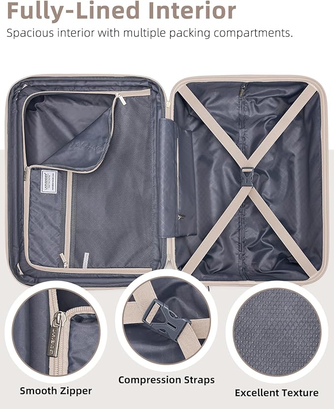 LARVENDER Carry on Luggage 22x14x9 Airline Approved, 20 Inch Hardside Suitcase with Wheels TSA Lock, PC+ABS Lightweight Carry on Suitcases for Women and Men, Champagne (20/DB/TB)