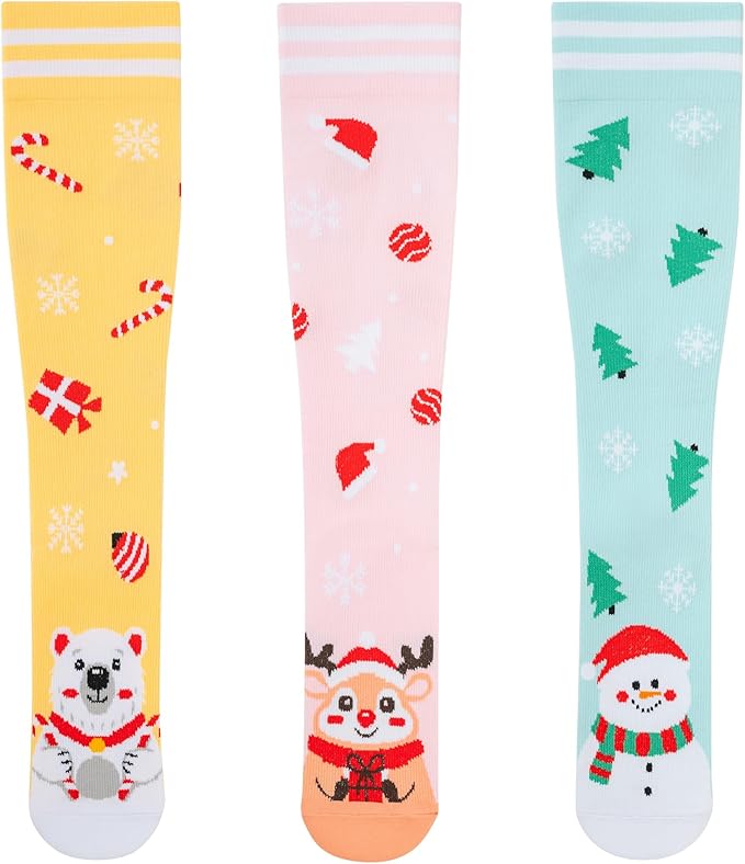 fenglaoda 3 Pairs Compression Socks for Women & Men Knee High Nurse Pregnant Cute Medical Running Travel Athletic