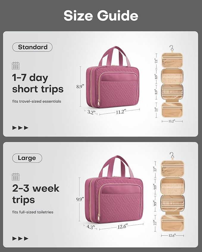 HOTOR Travel Toiletry Bag for Women & Men, Waterproof Makeup Bag with Hanging Hook and Multiple Pockets, Cosmetic Bags for Women, Travel Essentials, 12.6'' x 4.3'' x 9.9'', Rosewood-Pink