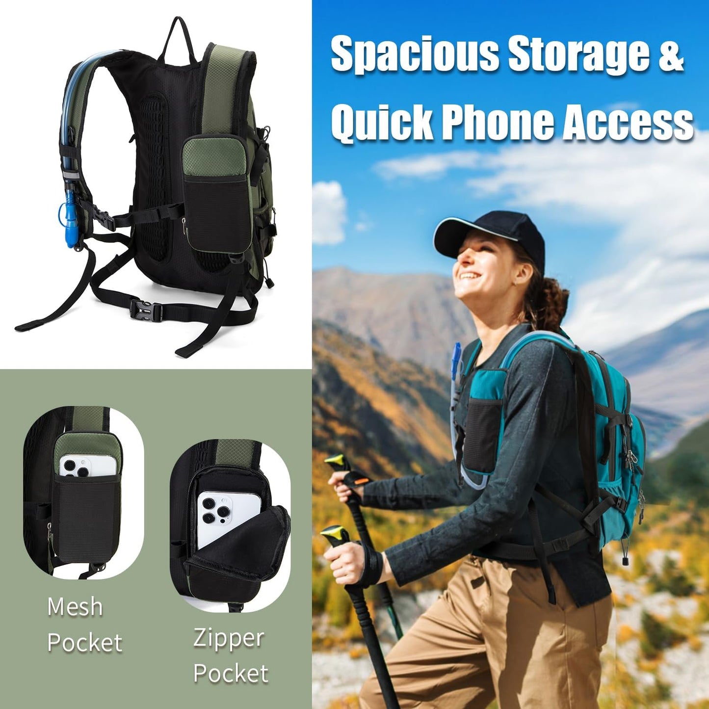 Hydration Backpack Pack with 2L Water Bladder 18L Hiking Backpack Women Men Lightweight Hydropack Insulated Daypack for Biking, Running, Festival