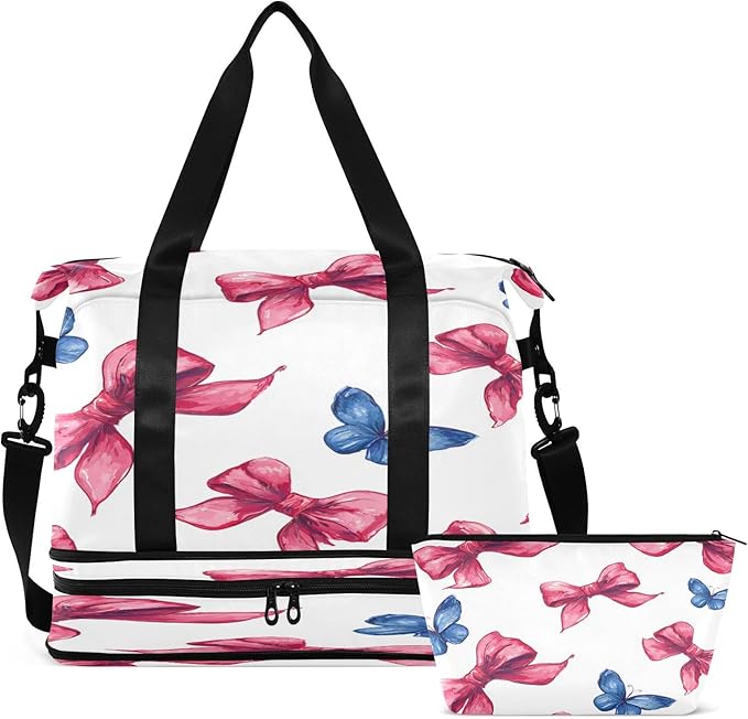 Travel Duffel Bags for Women Red Bow & Blue Butterfly Sports Duffel Bags Gym Bags with Shoes Compartment Tote Bag Weekender Bag for Travelling
