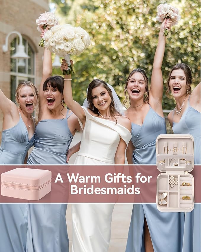 Vlando Bridesmaid Gifts - Small Travel Jewelry Box Organizer - Wedding Gifts for Girls Women Rings Earrings Necklaces Storage with Mirror - Milky White