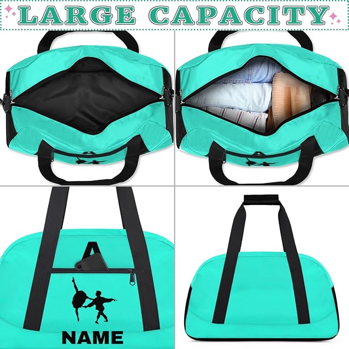 Personalize-Kids-Sports-Duffel-Bags With Custom Name Text Carry-On Overnight Travel Gym Lightweight Dance Pattern Sports Bags For Girls Boys Kids,Cyan